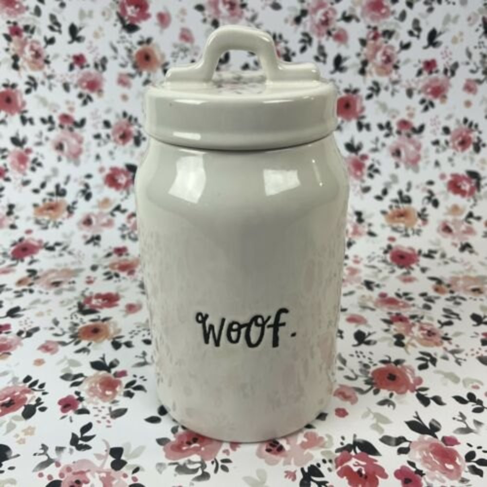 Rae Dunn By Magenta WOOF Ceramic Pet Dog Treats Canister Lid Artisian Collection